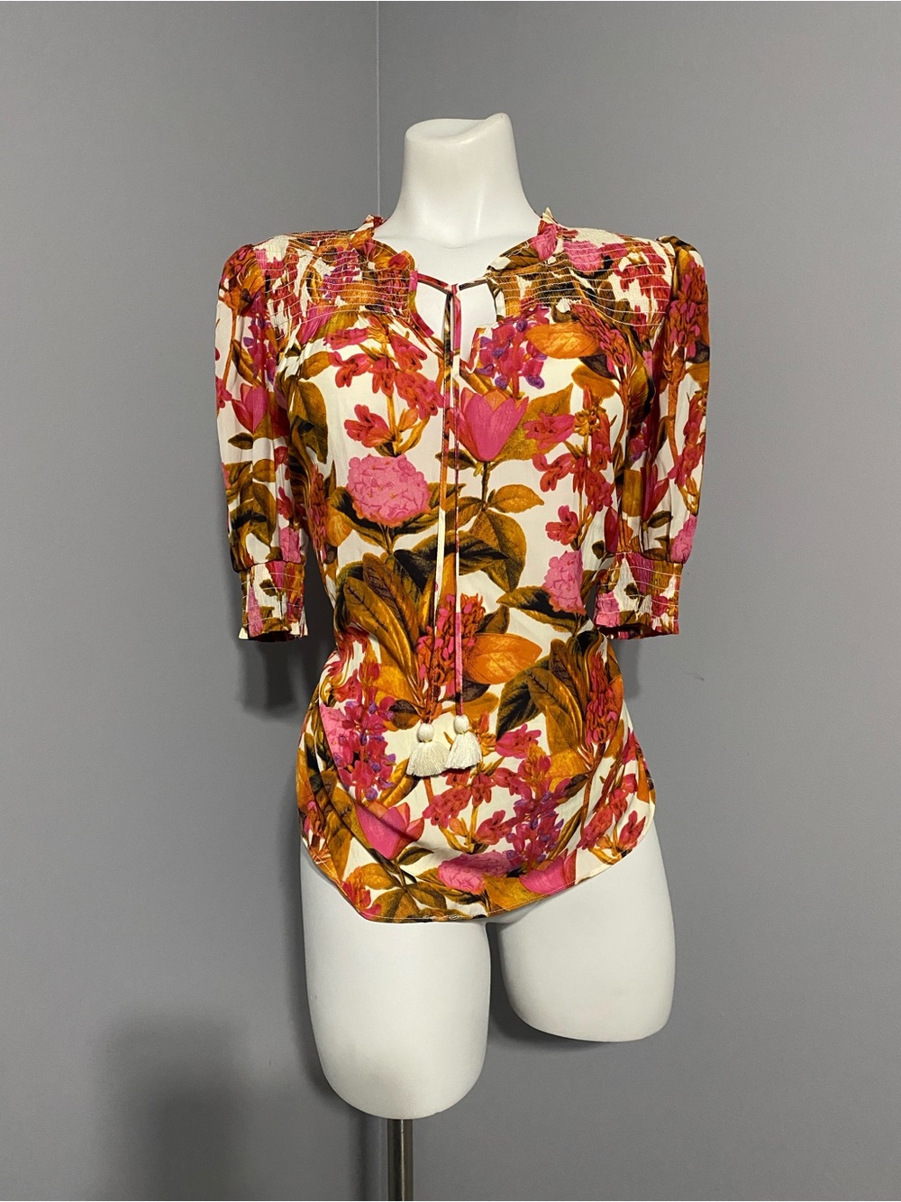 Rose & Olive Pink & Mustard Floral Tie-Front Puff Sleeve Blouse